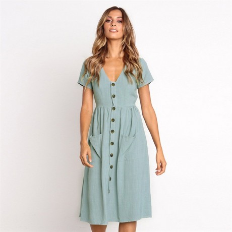 Women's Summer Short Sleeve Button Down V Neck with Pocket Swing Midi  Dress(S-XL)
