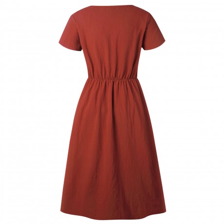 Women's Summer Short Sleeve Button Down V Neck with Pocket Swing Midi  Dress(S-XL)