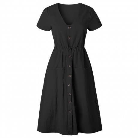 Women's Summer Short Sleeve Button Down V Neck with Pocket Swing Midi  Dress(S-XL)