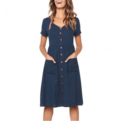Women's Summer Short Sleeve Button Down V Neck with Pocket Swing Midi  Dress(S-XL)