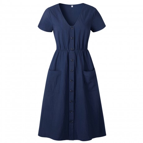 Women's Summer Short Sleeve Button Down V Neck with Pocket Swing Midi  Dress(S-XL)