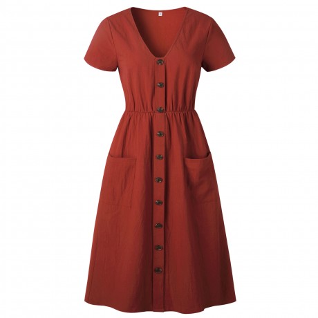Women's Summer Short Sleeve Button Down V Neck with Pocket Swing Midi  Dress(S-XL)