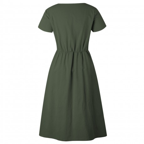 Women's Summer Short Sleeve Button Down V Neck with Pocket Swing Midi  Dress(S-XL)
