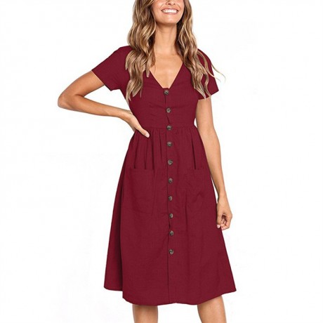 Women's Summer Short Sleeve Button Down V Neck with Pocket Swing Midi  Dress(S-XL)