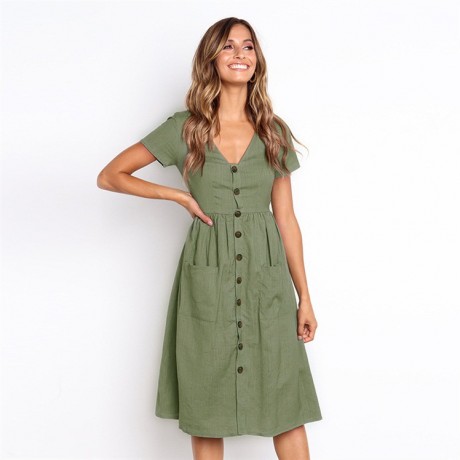 Women's Summer Short Sleeve Button Down V Neck with Pocket Swing Midi  Dress(S-XL)
