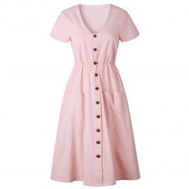 Women's Summer Short Sleeve Button Down V Neck with Pocket Swing Midi  Dress(S-XL) 