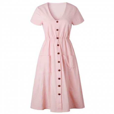 Women's Summer Short Sleeve Button Down V Neck with Pocket Swing Midi  Dress(S-XL)