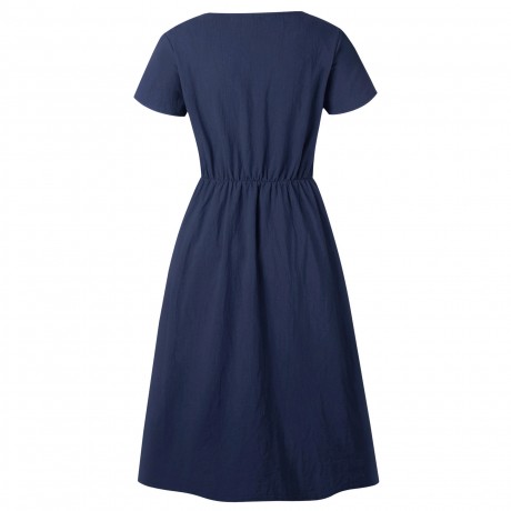 Women's Summer Short Sleeve Button Down V Neck with Pocket Swing Midi  Dress(S-XL)