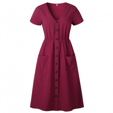 Women's Summer Short Sleeve Button Down V Neck with Pocket Swing Midi  Dress(S-XL)