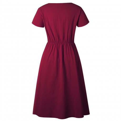 Women's Summer Short Sleeve Button Down V Neck with Pocket Swing Midi  Dress(S-XL)