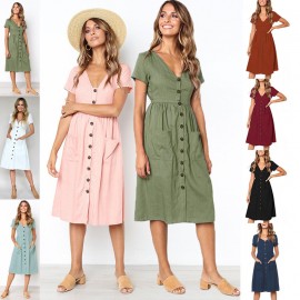 Women's Summer Short Sleeve Button Down V Neck with Pocket Swing Midi  Dress(S-XL)