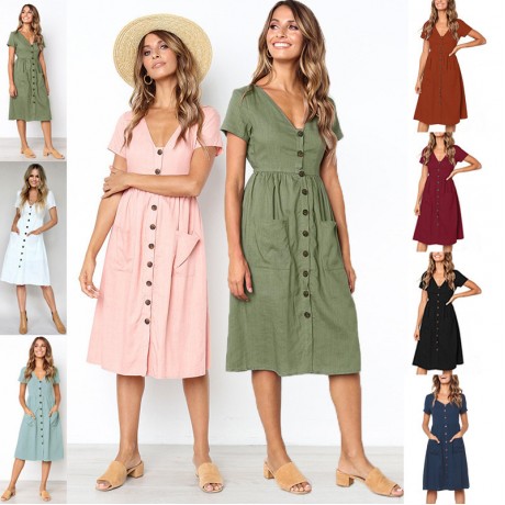 Women's Summer Short Sleeve Button Down V Neck with Pocket Swing Midi  Dress(S-XL)