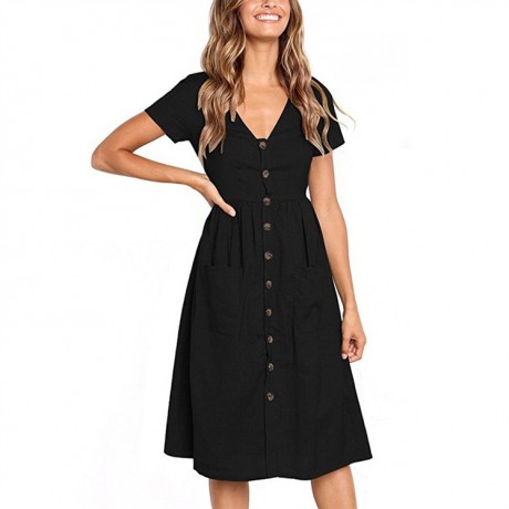 Women's Summer Short Sleeve Button Down V Neck with Pocket Swing Midi  Dress(S-XL)