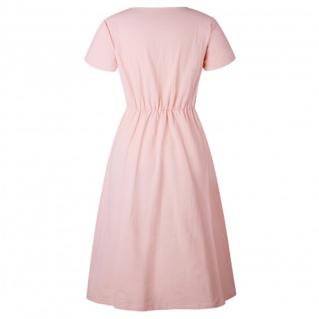 Women's Summer Short Sleeve Button Down V Neck with Pocket Swing Midi  Dress(S-XL)
