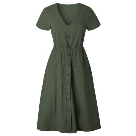Women's Summer Short Sleeve Button Down V Neck with Pocket Swing Midi  Dress(S-XL)