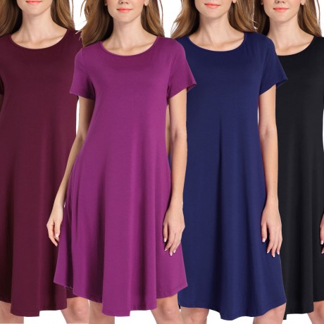 Women's Round Neckline Short Sleeve Casual Tunic Dress（S-XL）