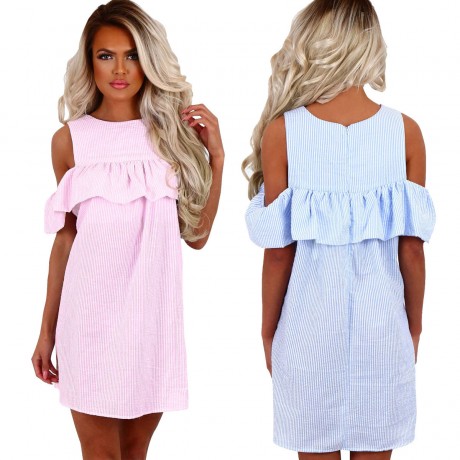 Women's Cold Shoulder Striped Ruffled Sundress Party Mini Dress(S-XL) 