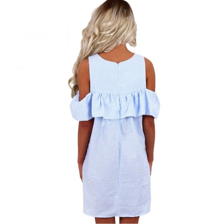 Women's Cold Shoulder Striped Ruffled Sundress Party Mini Dress(S-XL) 
