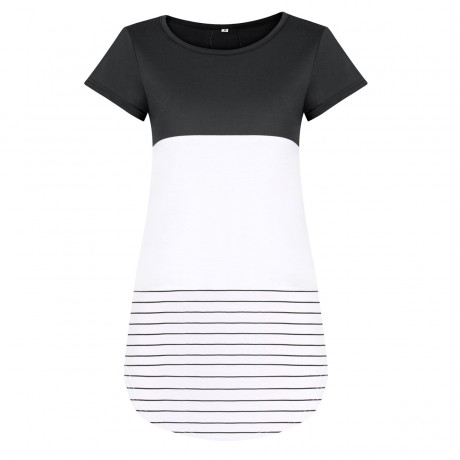 Women's Blouse Round Neckline Lace Back Stitch Stripe Casual T-Shirt(S-XXL) 