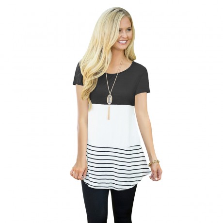 Women's Blouse Round Neckline Lace Back Stitch Stripe Casual T-Shirt(S-XXL) 