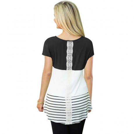 Women's Blouse Round Neckline Lace Back Stitch Stripe Casual T-Shirt(S-XXL) 