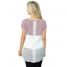 Women's Blouse Round Neckline Lace Back Stitch Stripe Casual T-Shirt(S-XXL)  
