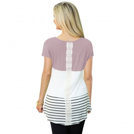 Women's Blouse Round Neckline Lace Back Stitch Stripe Casual T-Shirt(S-XXL) 