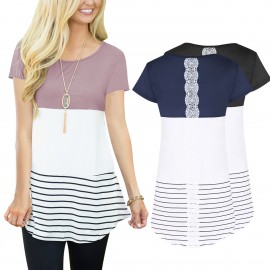 Women's Blouse Round Neckline Lace Back Stitch Stripe Casual T-Shirt(S-XXL) 