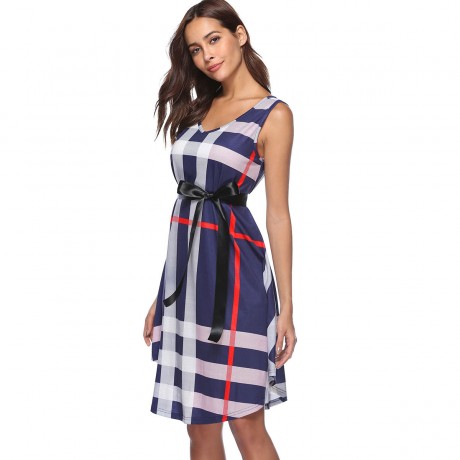 Women's Short skirt Sleeveless Plaid Print Dress(S-XL)