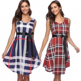 Women's Short skirt Sleeveless Plaid Print Dress(S-XL) 