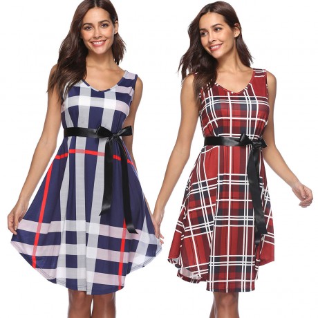 Women's Short skirt Sleeveless Plaid Print Dress(S-XL)