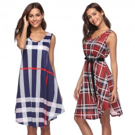 Women's Short skirt Sleeveless Plaid Print Dress(S-XL) 