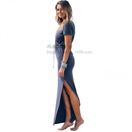 Women's V-Neck Dress Waist Side Split Slit Long Maxi Bodycon Blue Pencil Dress(S-XL)