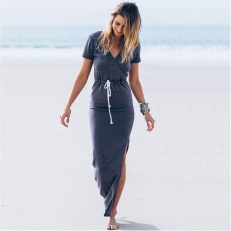 Women's V-Neck Dress Waist Side Split Slit Long Maxi Bodycon Blue Pencil Dress(S-XL)