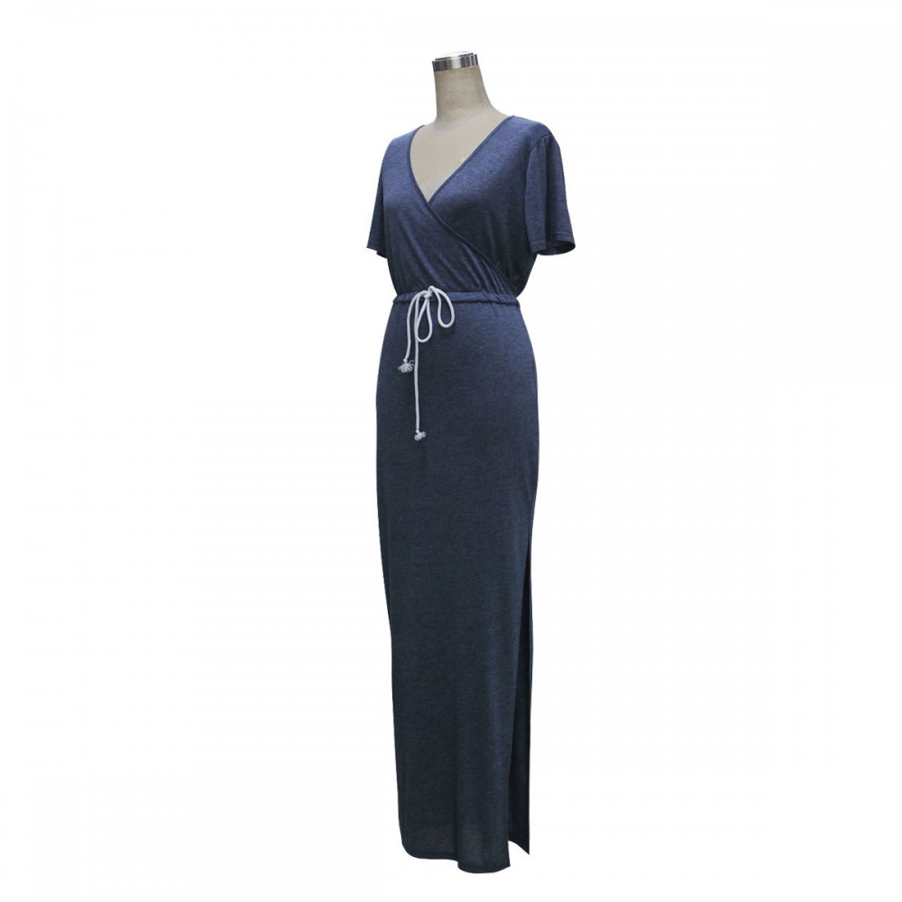Women's V-Neck Dress Waist Side Split Slit Long Maxi Bodycon Blue Pencil Dress(S-XL)