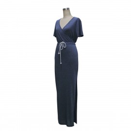Women's V-Neck Dress Waist Side Split Slit Long Maxi Bodycon Blue Pencil Dress(S-XL)
