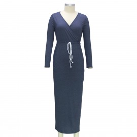 Women's V-Neck Dress Waist Side Split Slit Long Maxi Bodycon Blue Pencil Dress(S-XL) 