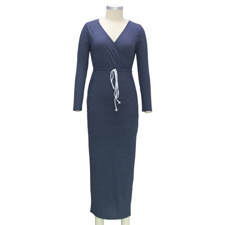Women's V-Neck Dress Waist Side Split Slit Long Maxi Bodycon Blue Pencil Dress(S-XL)