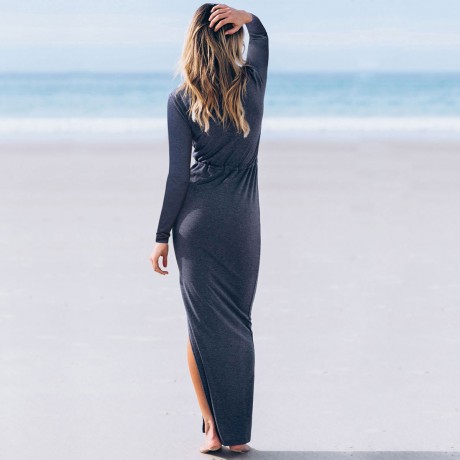 Women's V-Neck Dress Waist Side Split Slit Long Maxi Bodycon Blue Pencil Dress(S-XL)
