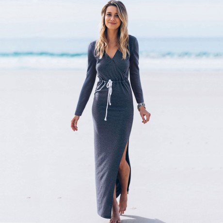 Women's V-Neck Dress Waist Side Split Slit Long Maxi Bodycon Blue Pencil Dress(S-XL)