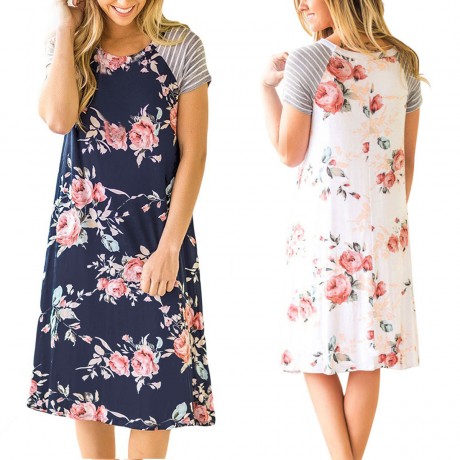 Women Short Sleeve Dress Round Neck Summer Casual Flared Midi Dress(S-XL)