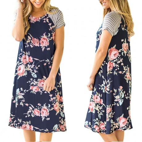 Women Short Sleeve Dress Round Neck Summer Casual Flared Midi Dress(S-XL)