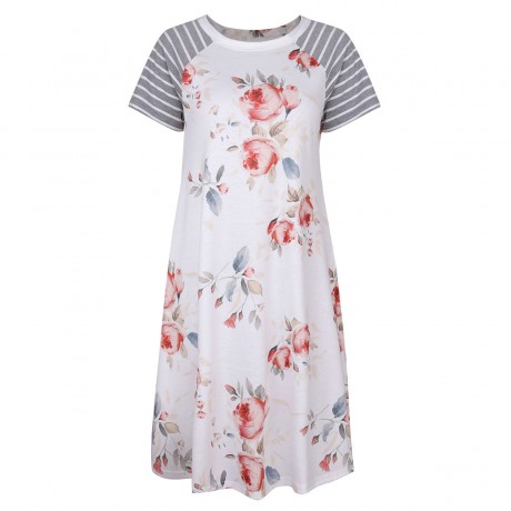 Women Short Sleeve Dress Round Neck Summer Casual Flared Midi Dress(S-XL)