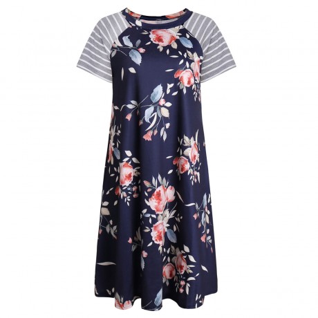 Women Short Sleeve Dress Round Neck Summer Casual Flared Midi Dress(S-XL)