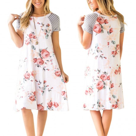 Women Short Sleeve Dress Round Neck Summer Casual Flared Midi Dress(S-XL)