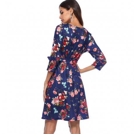 Women's Long Sleeve  Dress V-Neck Printed  A-Line Short Dress with Belt(S-XL)