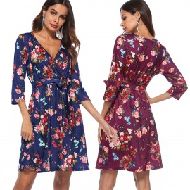 Women's Long Sleeve  Dress V-Neck Printed  A-Line Short Dress with Belt(S-XL) 