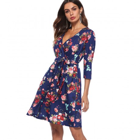 Women's Long Sleeve  Dress V-Neck Printed  A-Line Short Dress with Belt(S-XL)
