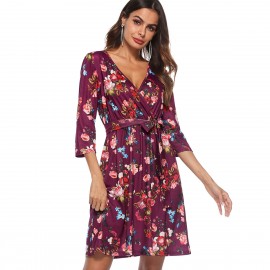Women's Long Sleeve  Dress V-Neck Printed  A-Line Short Dress with Belt(S-XL) 
