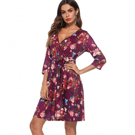 Women's Long Sleeve  Dress V-Neck Printed  A-Line Short Dress with Belt(S-XL)